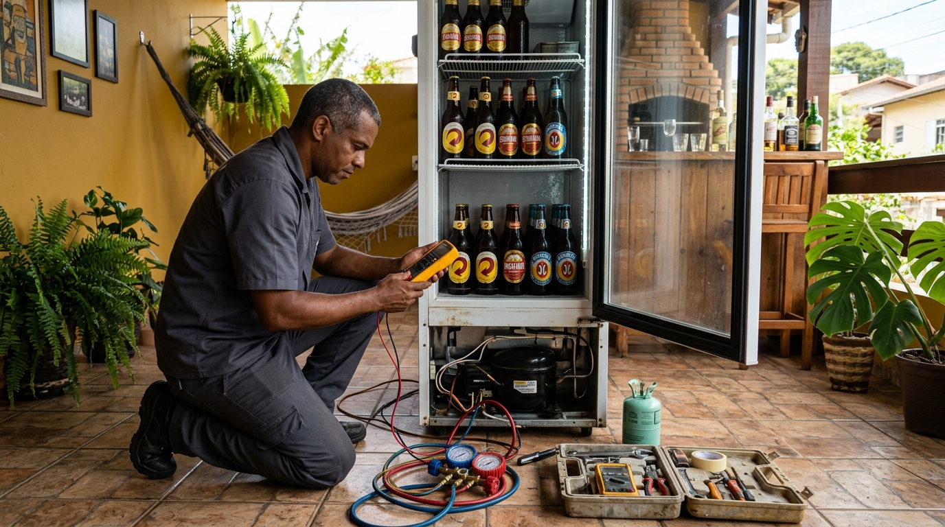 Placa eletrônica de cervejeira em reparo na bancada em Vitória‑ES