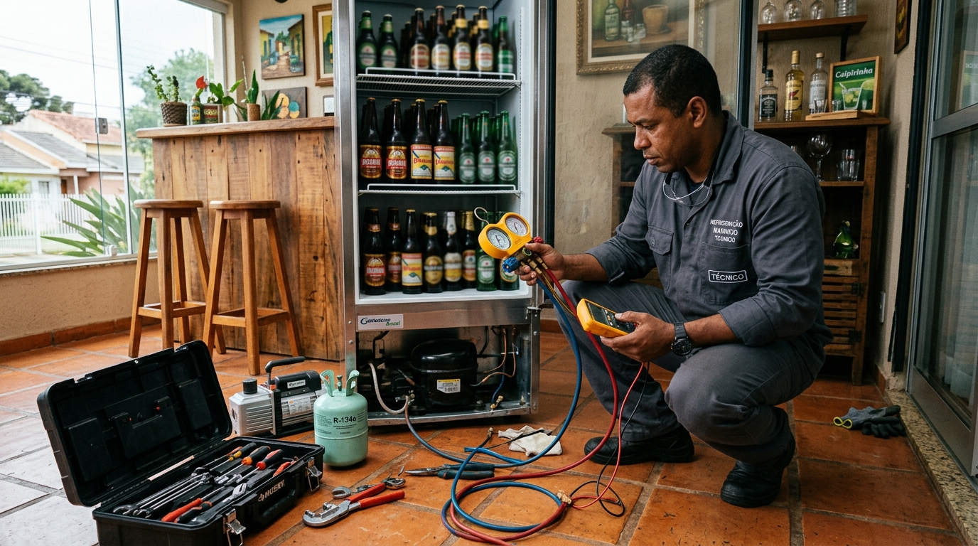 Técnico revisando o motor de uma cervejeira durante chamado em Vitória‑ES