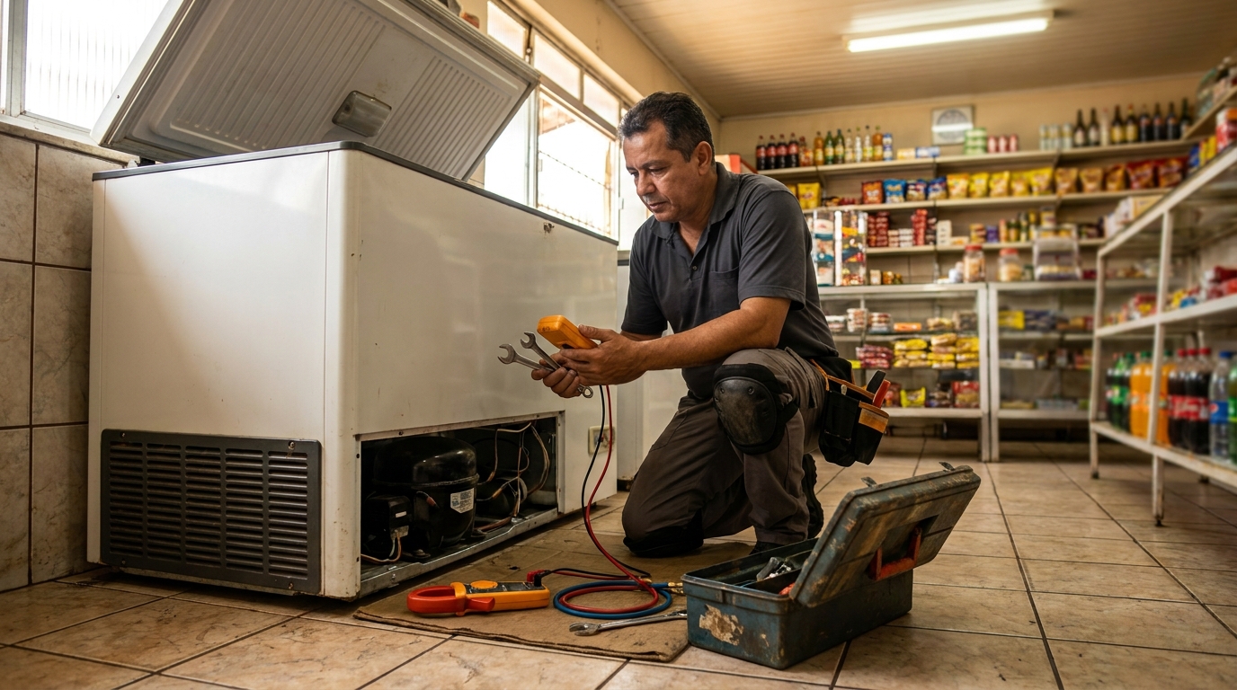 Técnico reparando o motor de um freezer horizontal em Vitória‑ES