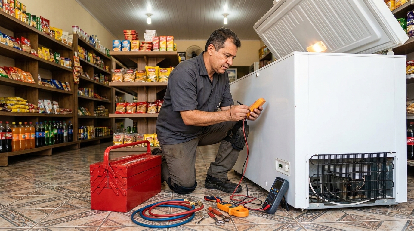 Manômetro conectado ao circuito durante recarga de gás de freezer em Vitória‑ES
