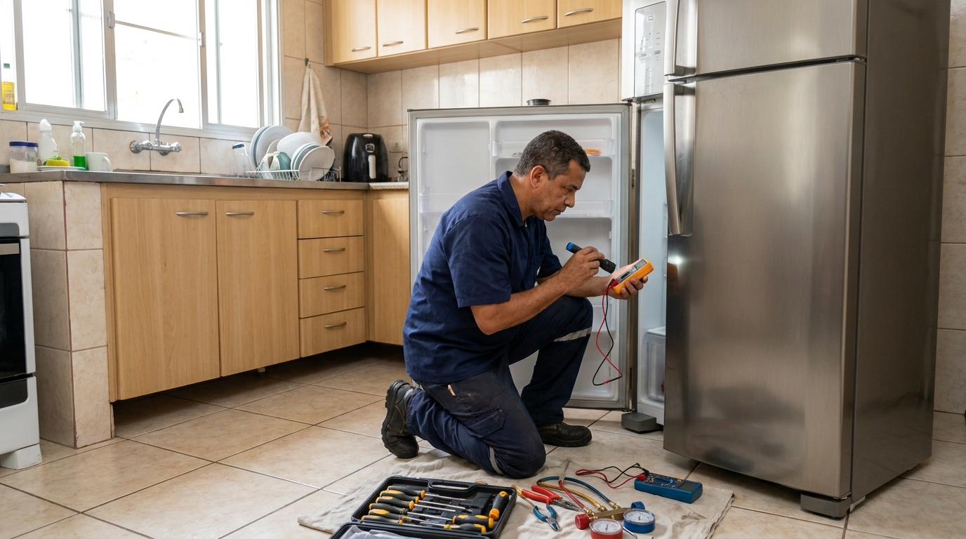 Técnico fazendo recarga de gás em geladeira de cliente no Do Quadro, Vitória‑ES