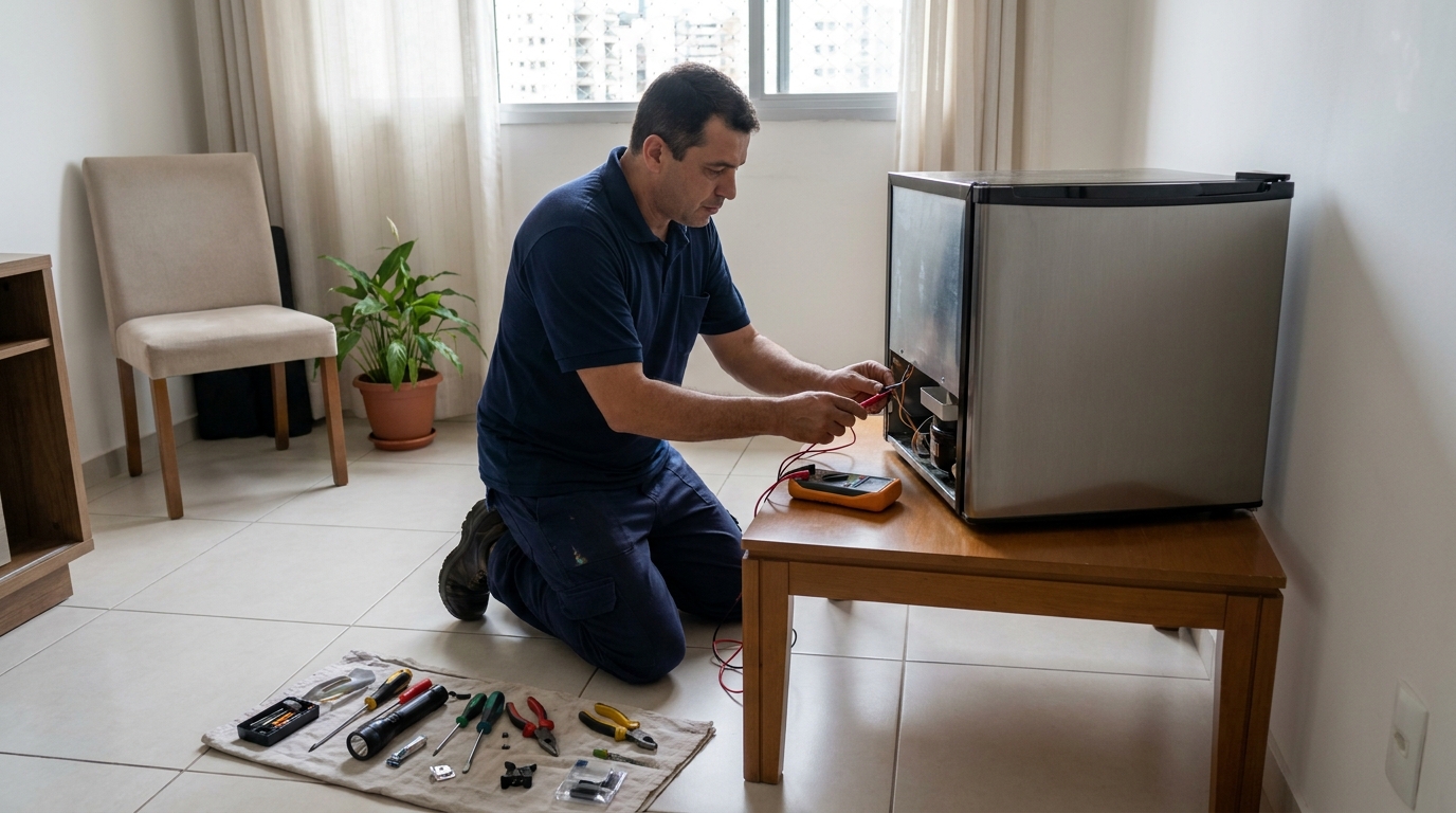 Técnico avaliando um frigobar compacto durante atendimento em Vitória‑ES